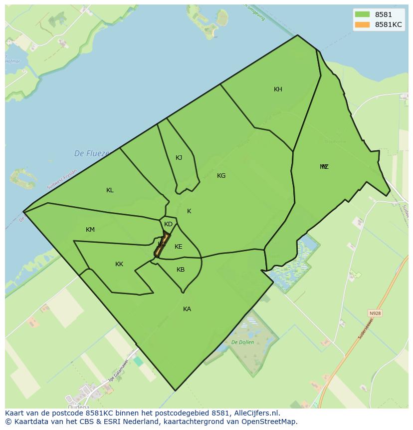 Afbeelding van het postcodegebied 8581 KC op de kaart.