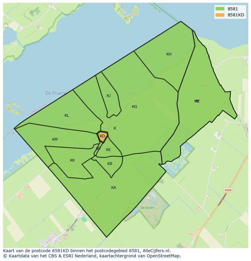 Afbeelding van het postcodegebied 8581 KD op de kaart.