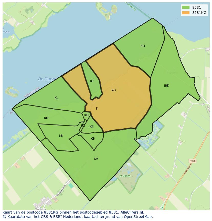 Afbeelding van het postcodegebied 8581 KG op de kaart.