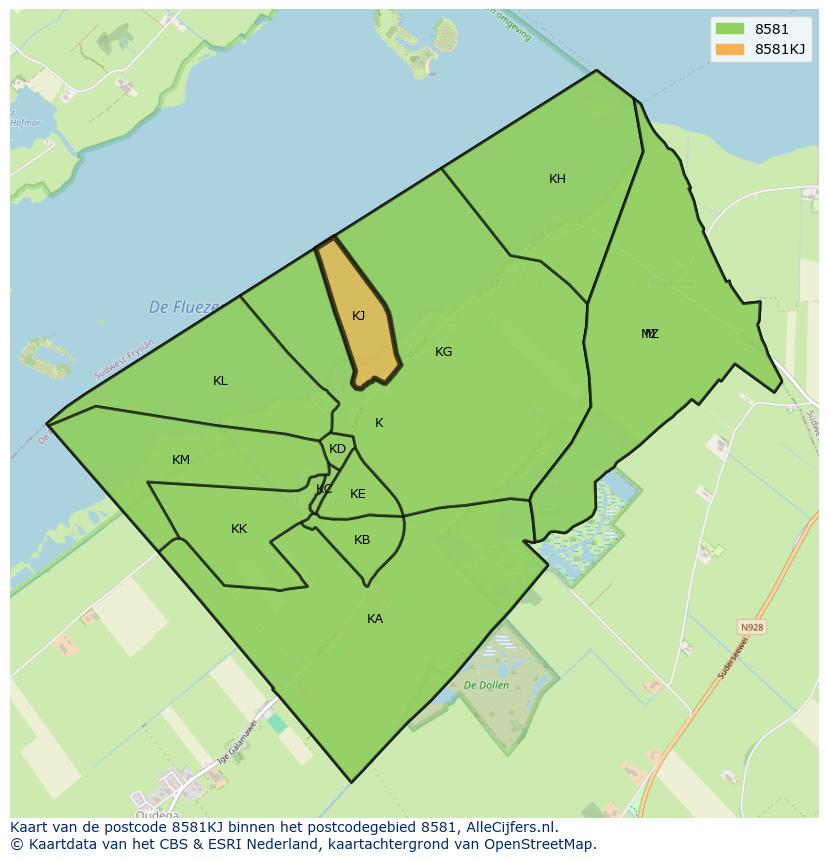Afbeelding van het postcodegebied 8581 KJ op de kaart.