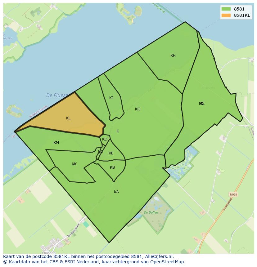 Afbeelding van het postcodegebied 8581 KL op de kaart.