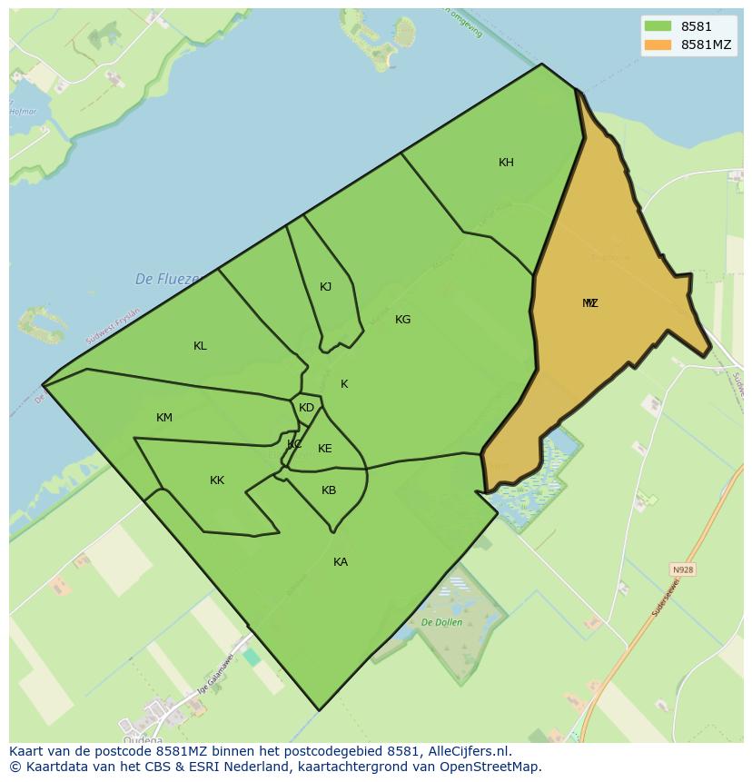 Afbeelding van het postcodegebied 8581 MZ op de kaart.