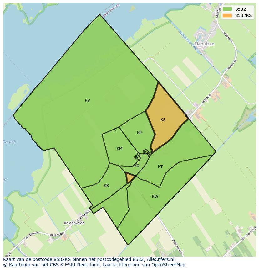 Afbeelding van het postcodegebied 8582 KS op de kaart.