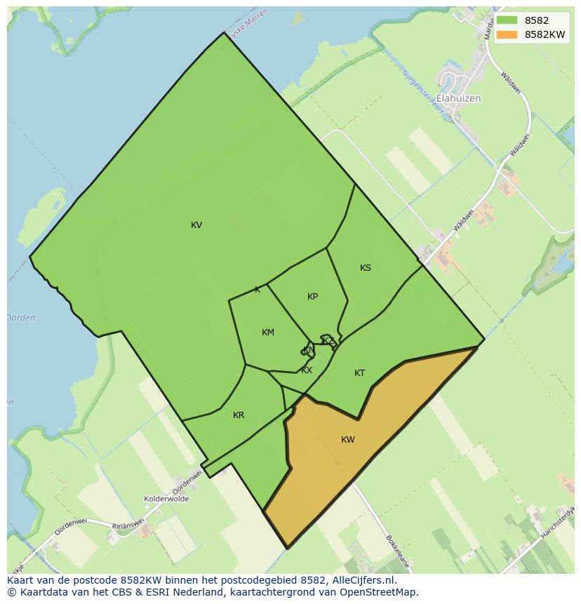 Afbeelding van het postcodegebied 8582 KW op de kaart.