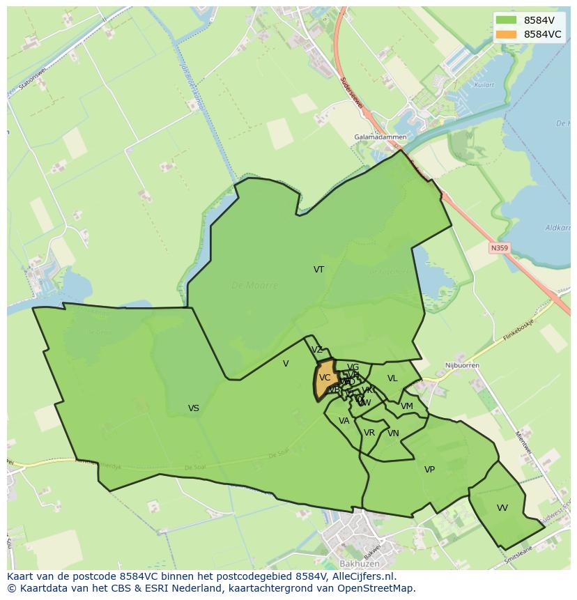 Afbeelding van het postcodegebied 8584 VC op de kaart.