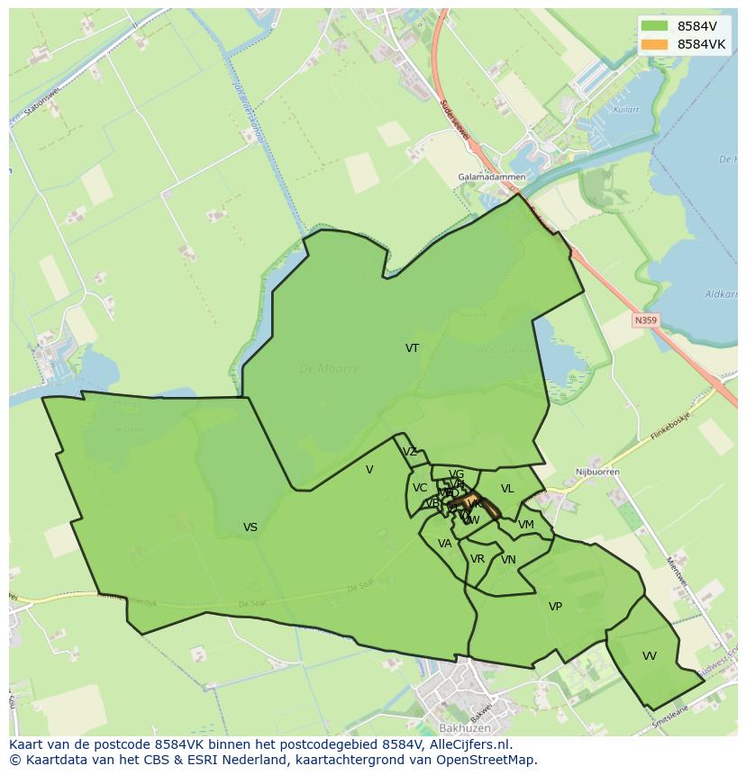 Afbeelding van het postcodegebied 8584 VK op de kaart.