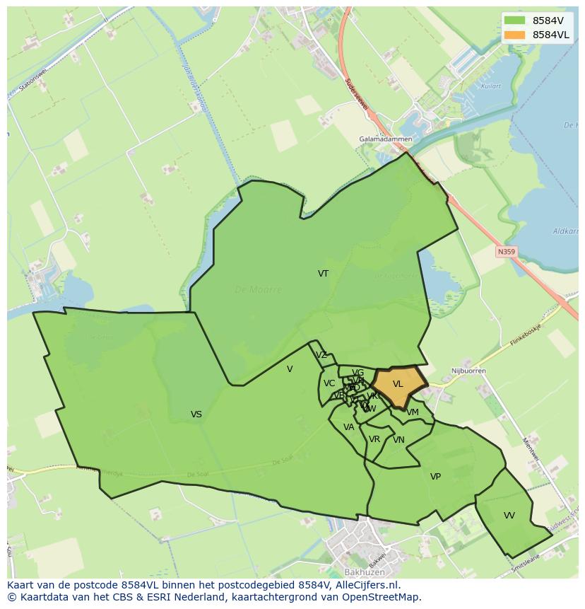 Afbeelding van het postcodegebied 8584 VL op de kaart.
