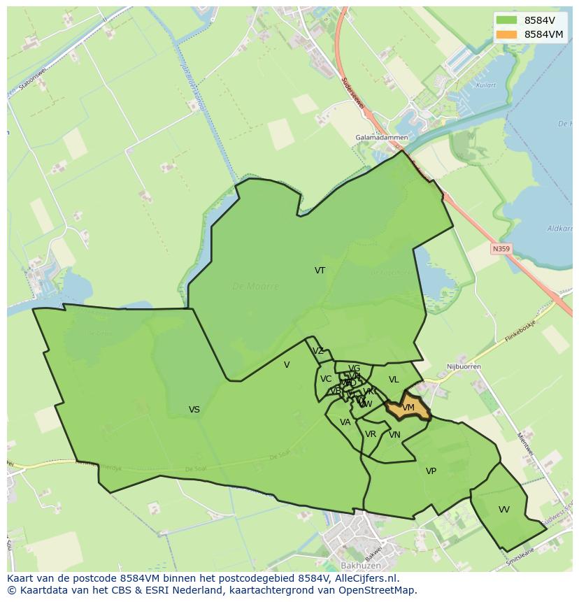 Afbeelding van het postcodegebied 8584 VM op de kaart.