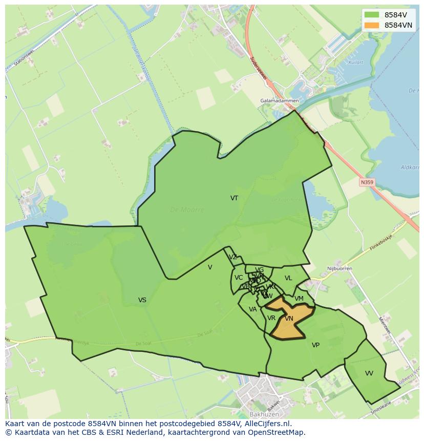 Afbeelding van het postcodegebied 8584 VN op de kaart.