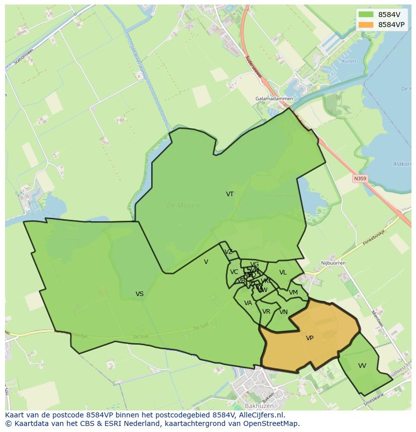 Afbeelding van het postcodegebied 8584 VP op de kaart.