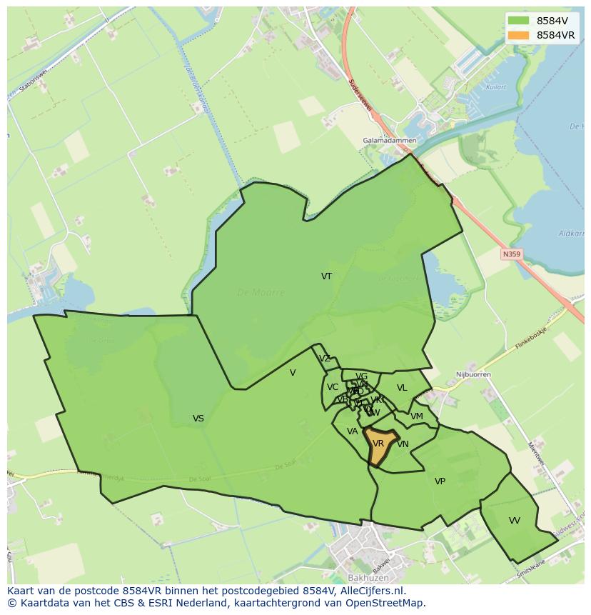 Afbeelding van het postcodegebied 8584 VR op de kaart.