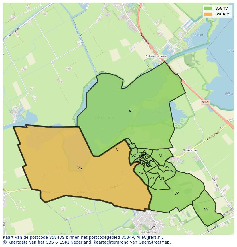 Afbeelding van het postcodegebied 8584 VS op de kaart.