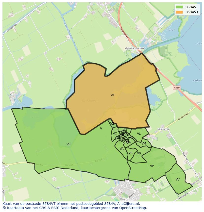 Afbeelding van het postcodegebied 8584 VT op de kaart.