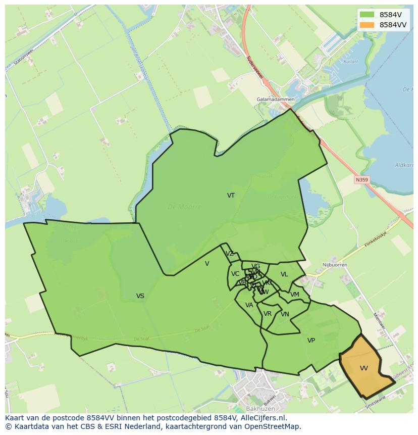 Afbeelding van het postcodegebied 8584 VV op de kaart.