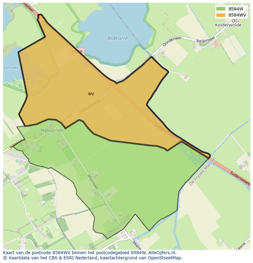 Afbeelding van het postcodegebied 8584 WV op de kaart.
