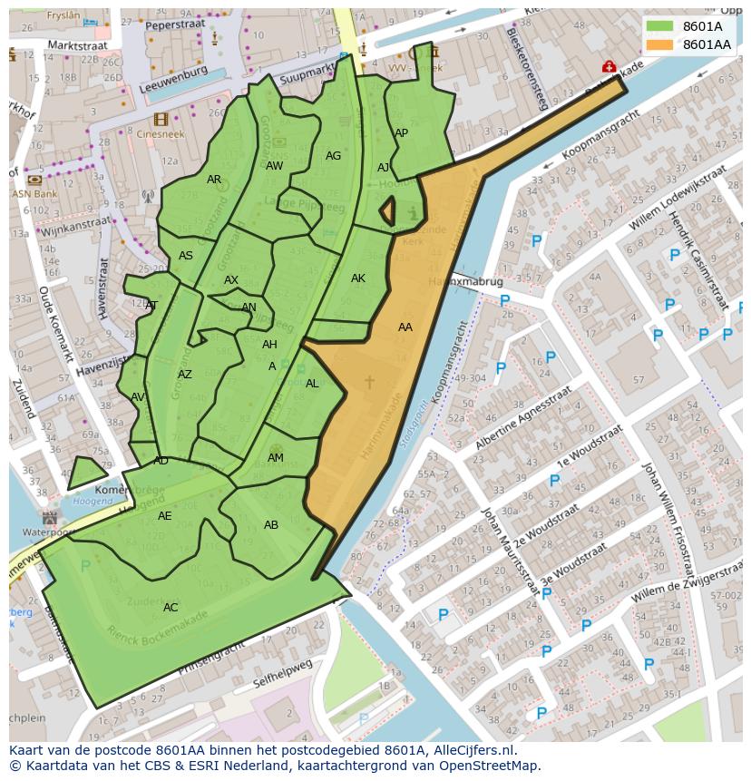 Afbeelding van het postcodegebied 8601 AA op de kaart.