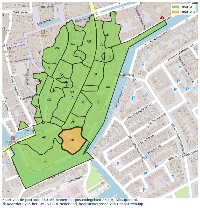Afbeelding van het postcodegebied 8601 AB op de kaart.
