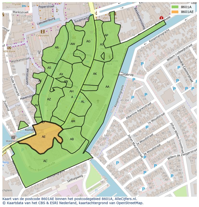 Afbeelding van het postcodegebied 8601 AE op de kaart.