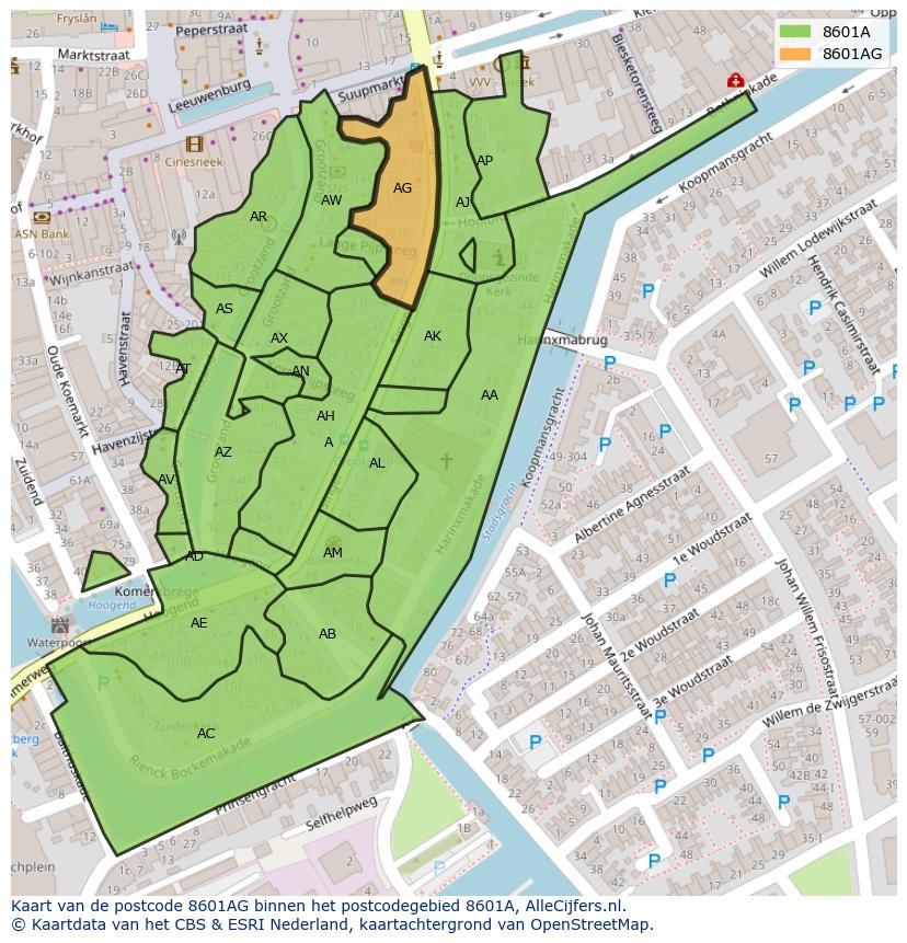 Afbeelding van het postcodegebied 8601 AG op de kaart.
