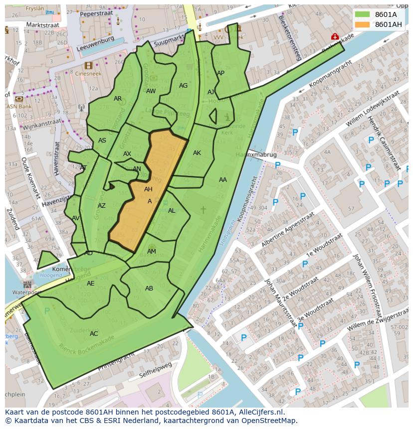 Afbeelding van het postcodegebied 8601 AH op de kaart.