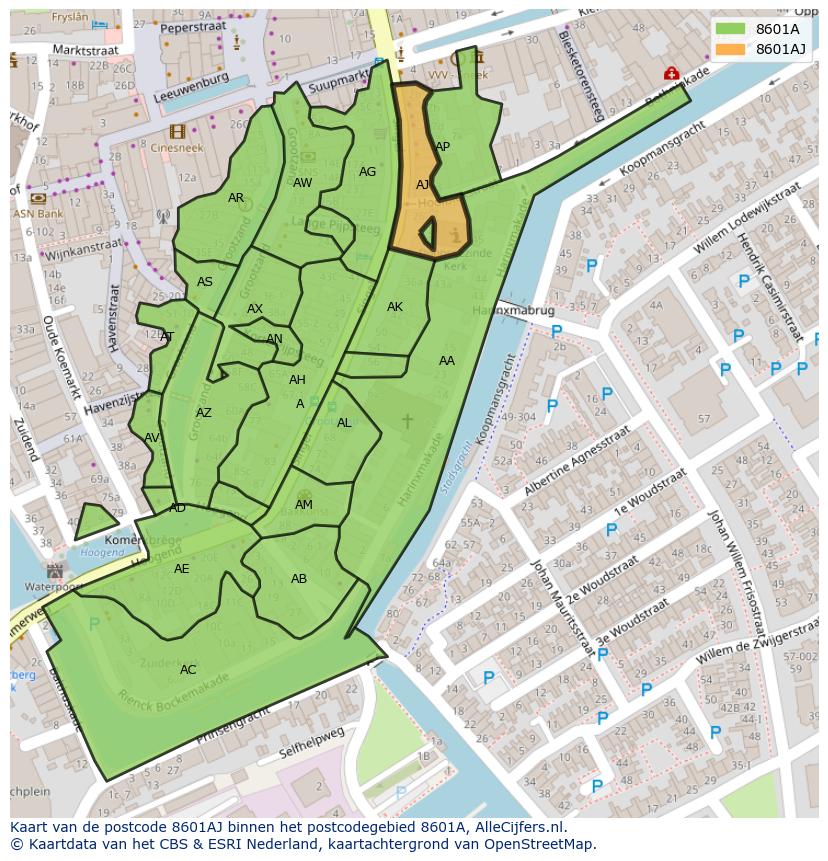 Afbeelding van het postcodegebied 8601 AJ op de kaart.
