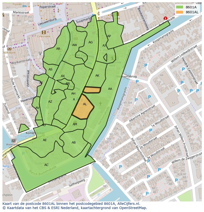 Afbeelding van het postcodegebied 8601 AL op de kaart.