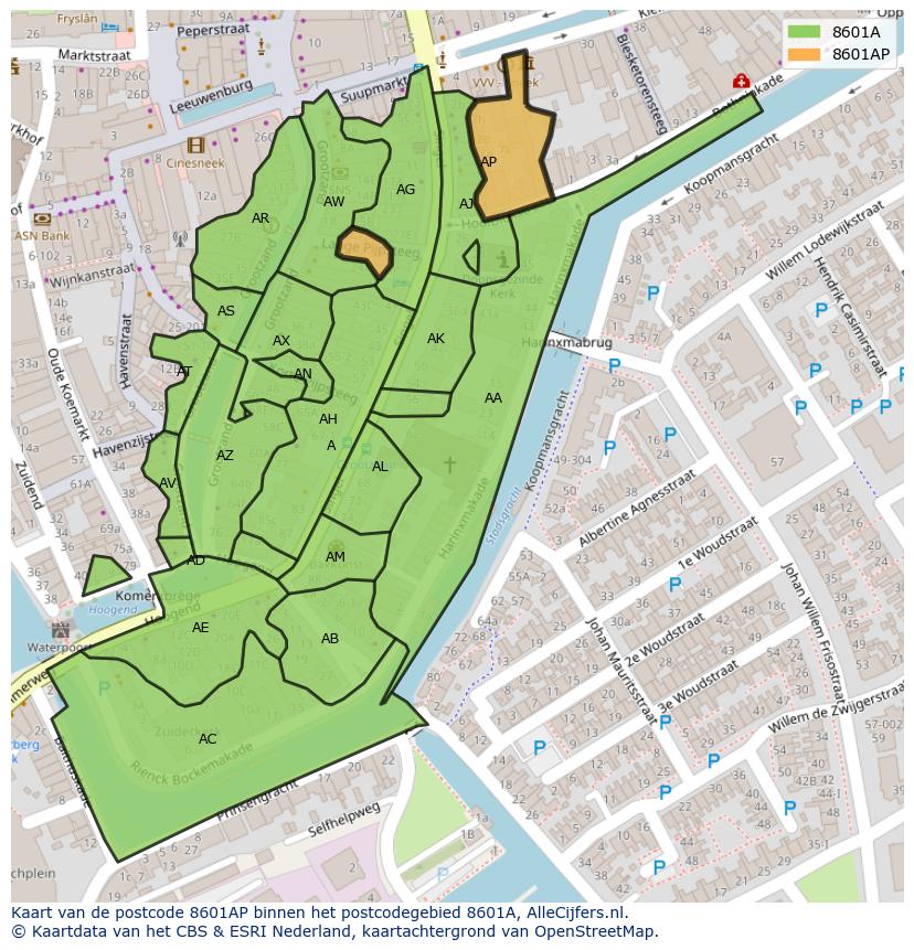 Afbeelding van het postcodegebied 8601 AP op de kaart.