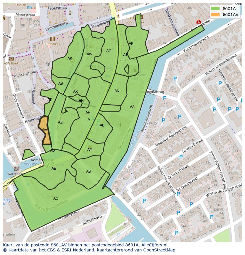 Afbeelding van het postcodegebied 8601 AV op de kaart.