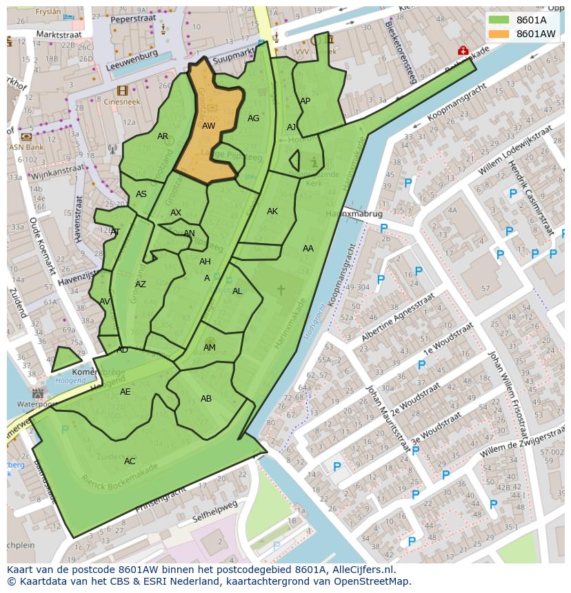 Afbeelding van het postcodegebied 8601 AW op de kaart.