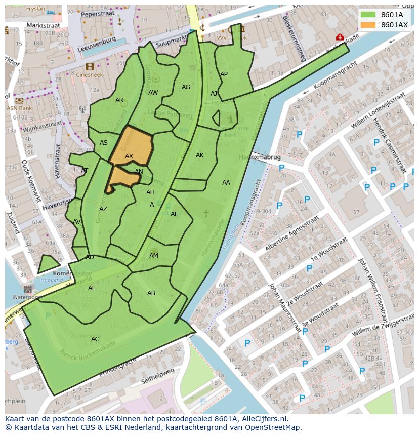 Afbeelding van het postcodegebied 8601 AX op de kaart.