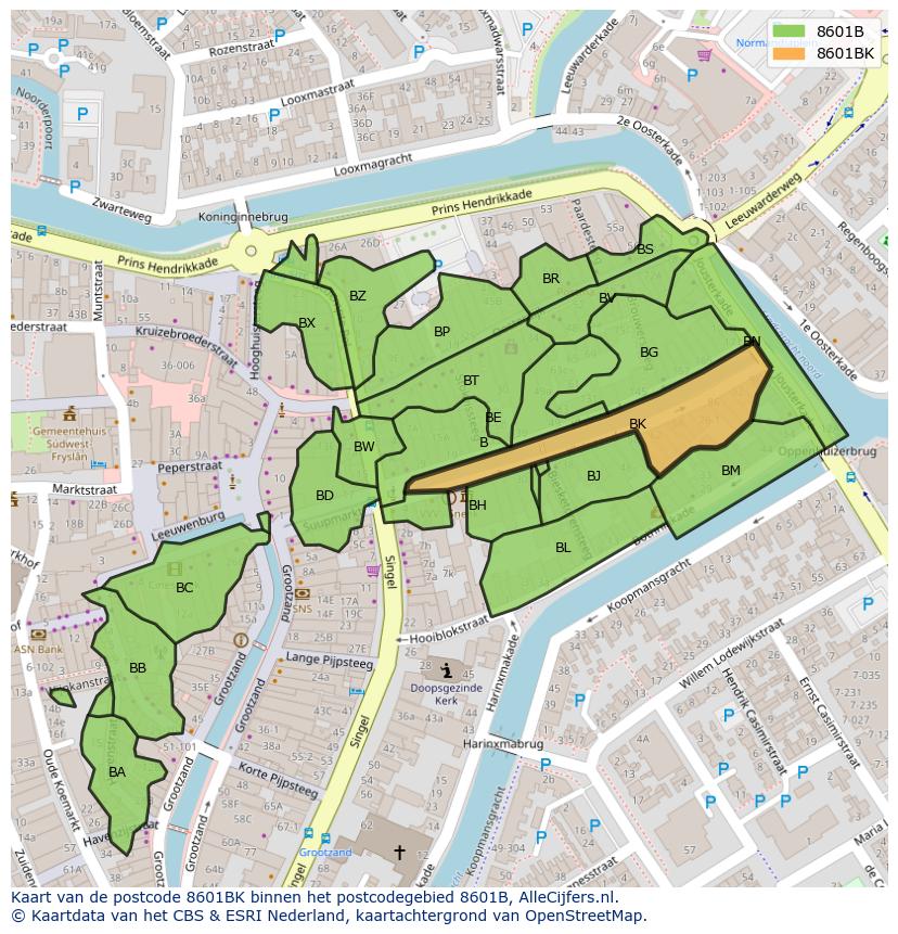 Afbeelding van het postcodegebied 8601 BK op de kaart.