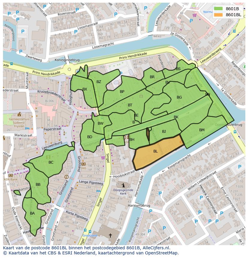 Afbeelding van het postcodegebied 8601 BL op de kaart.