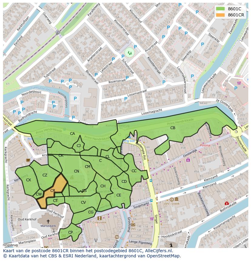 Afbeelding van het postcodegebied 8601 CR op de kaart.