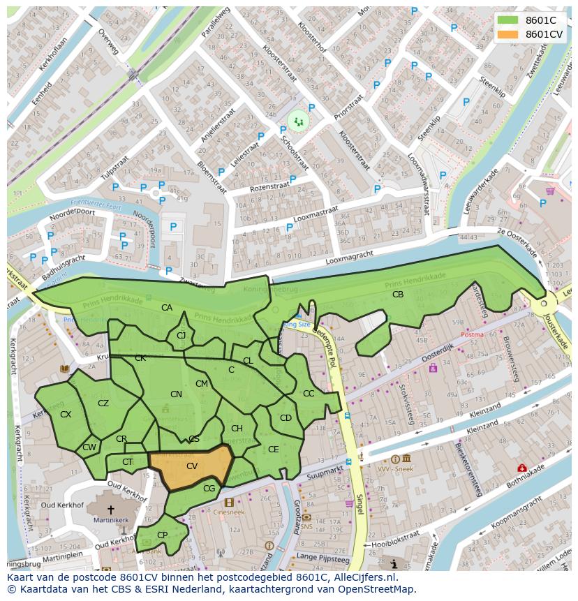Afbeelding van het postcodegebied 8601 CV op de kaart.