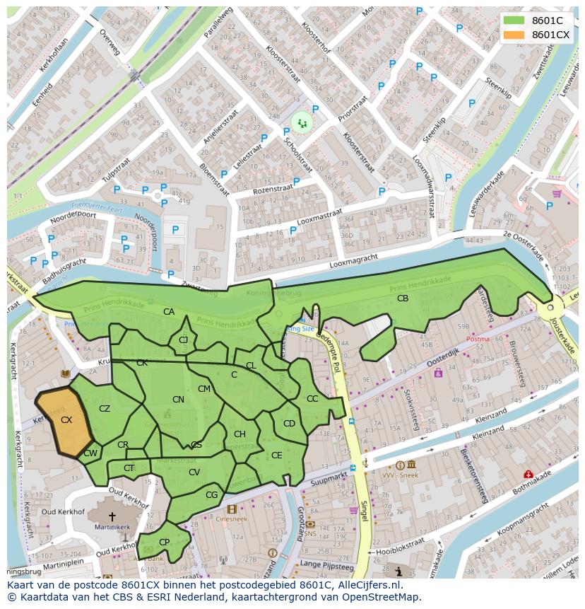 Afbeelding van het postcodegebied 8601 CX op de kaart.