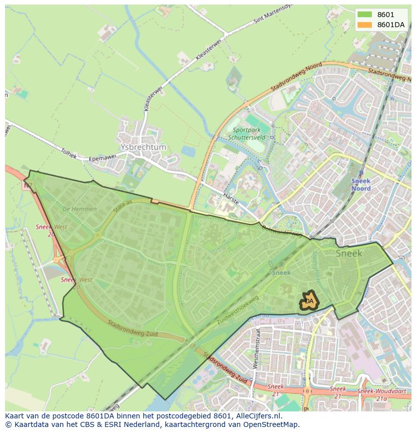 Afbeelding van het postcodegebied 8601 DA op de kaart.