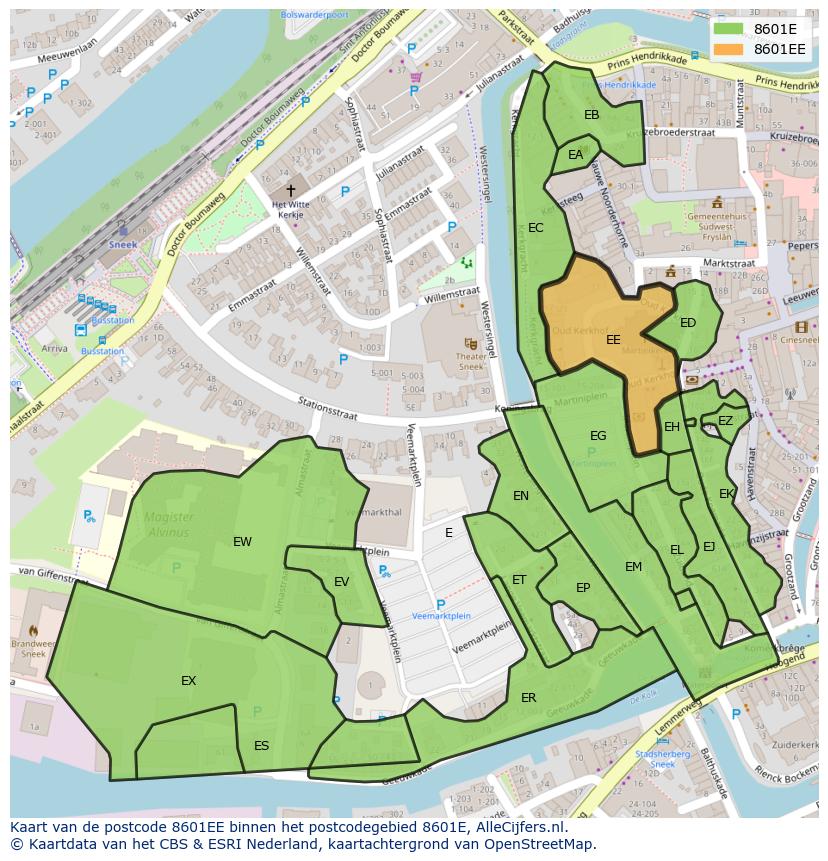 Afbeelding van het postcodegebied 8601 EE op de kaart.