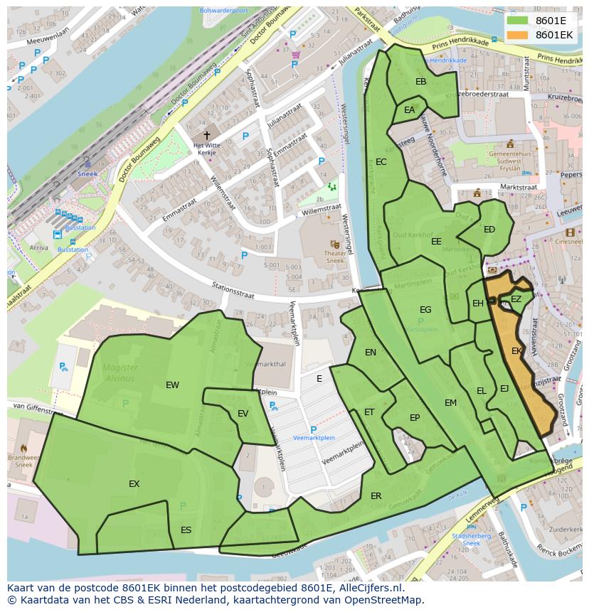 Afbeelding van het postcodegebied 8601 EK op de kaart.