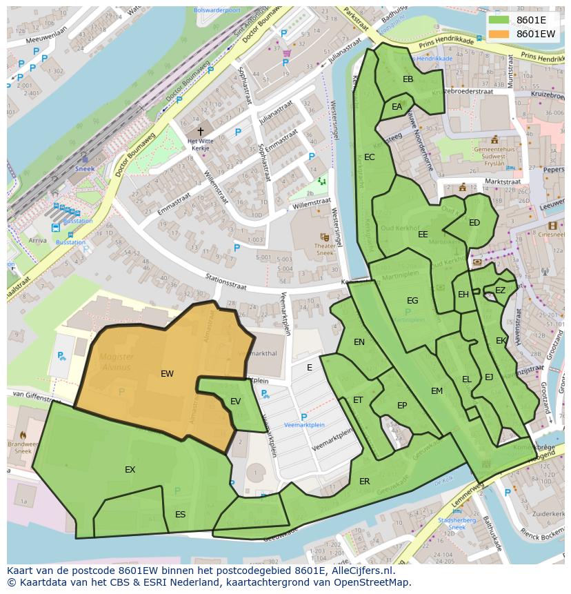 Afbeelding van het postcodegebied 8601 EW op de kaart.
