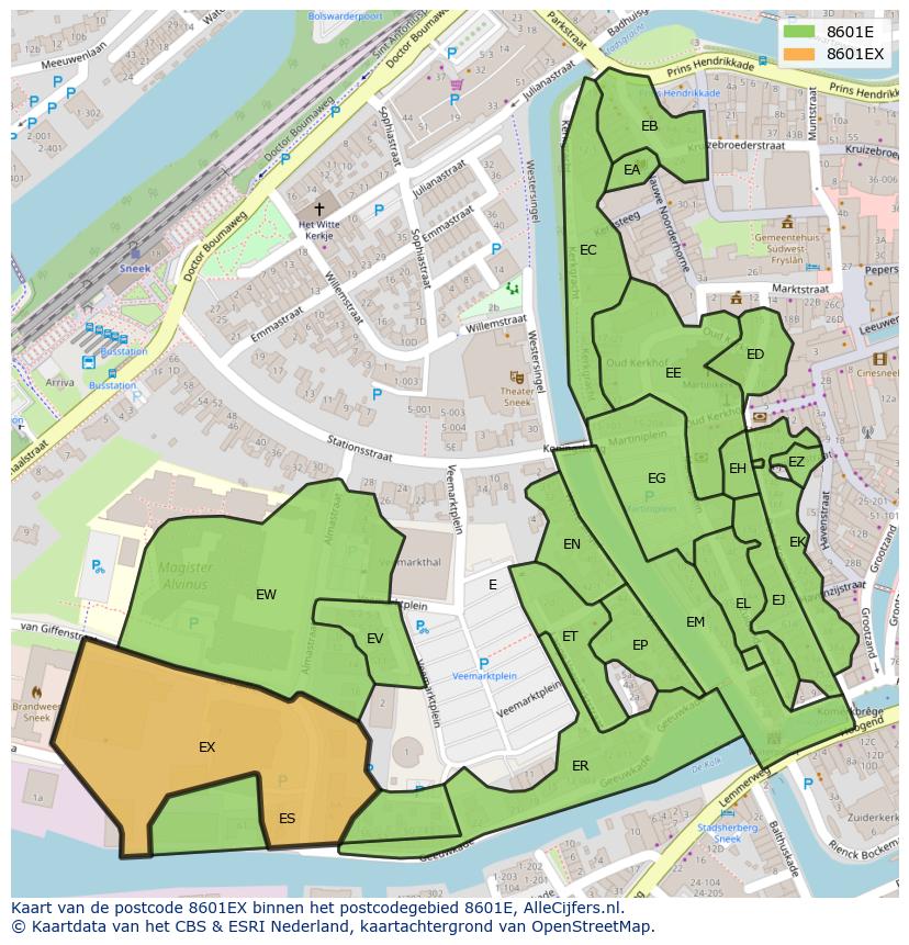 Afbeelding van het postcodegebied 8601 EX op de kaart.