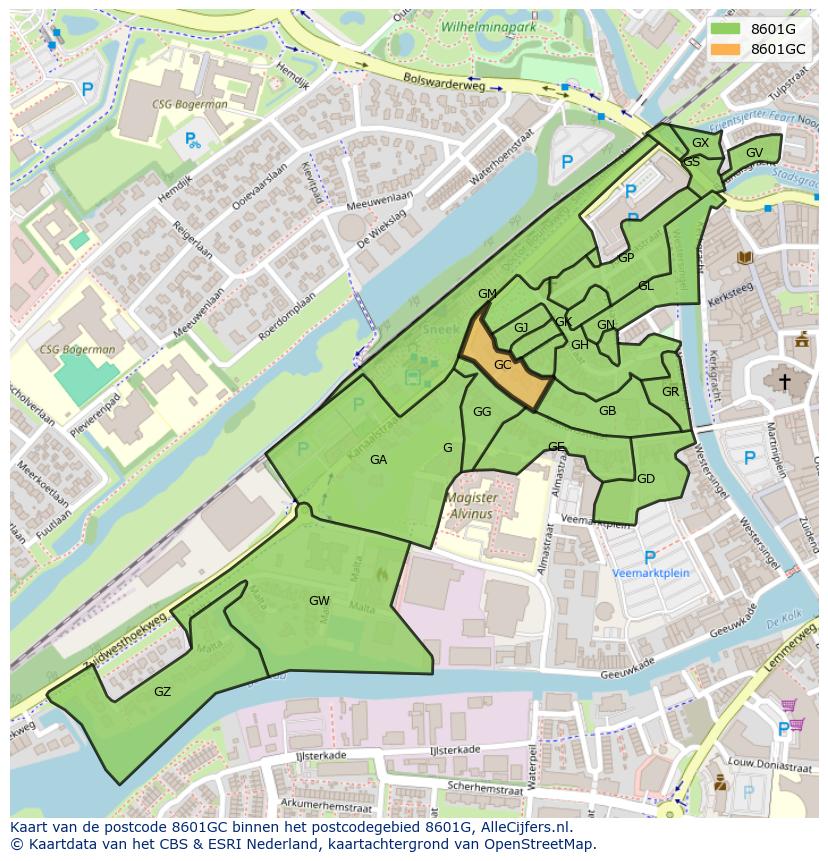 Afbeelding van het postcodegebied 8601 GC op de kaart.