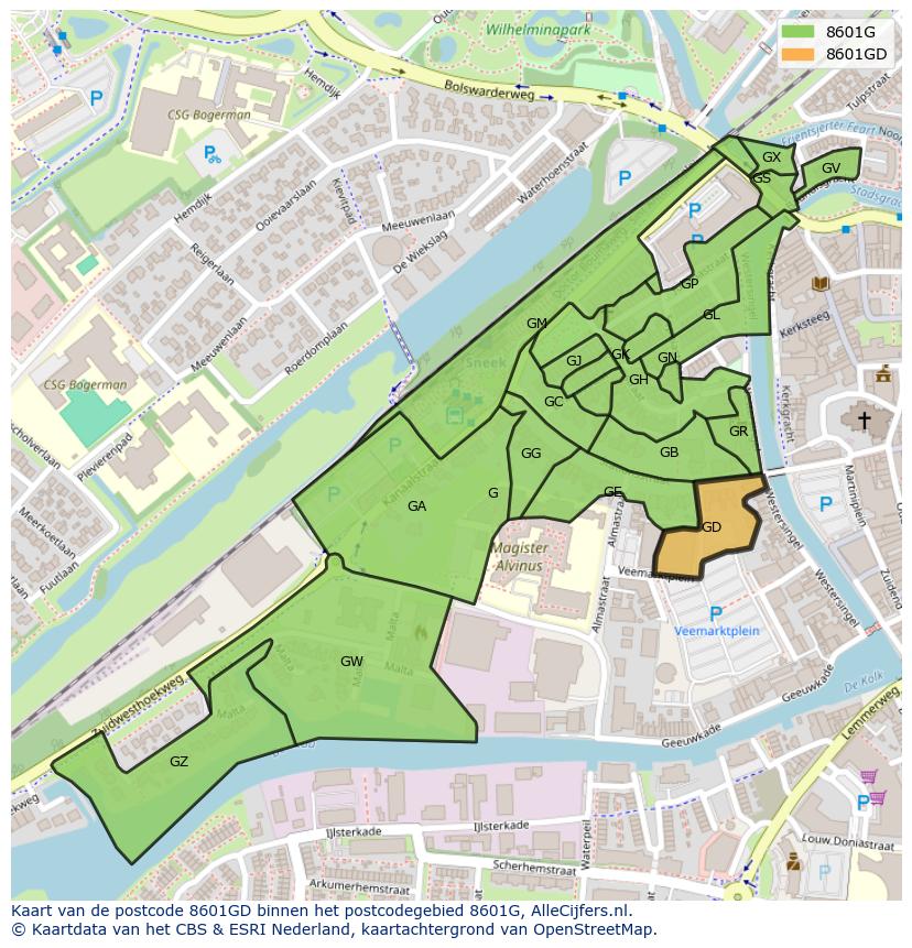 Afbeelding van het postcodegebied 8601 GD op de kaart.