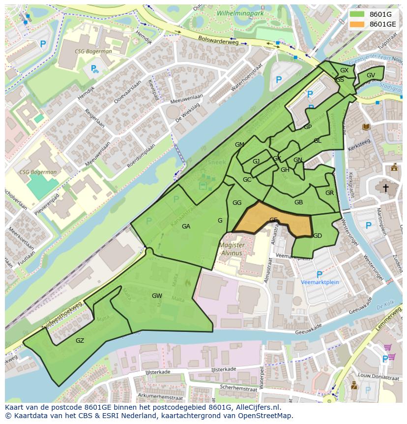 Afbeelding van het postcodegebied 8601 GE op de kaart.