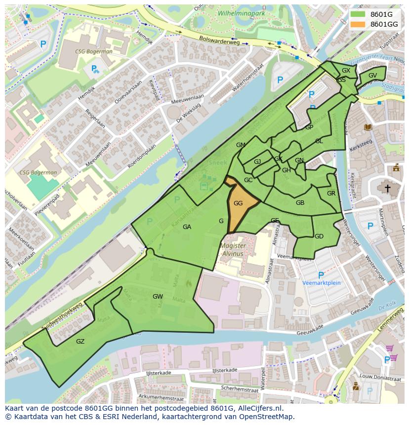 Afbeelding van het postcodegebied 8601 GG op de kaart.