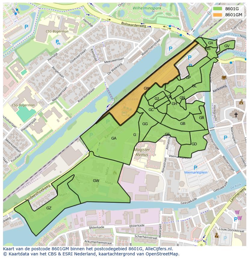 Afbeelding van het postcodegebied 8601 GM op de kaart.