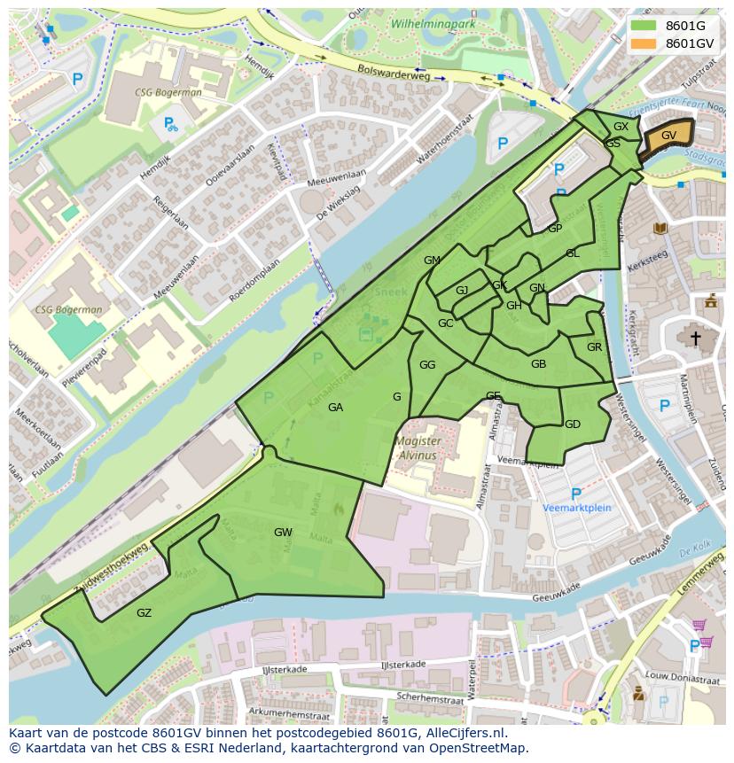 Afbeelding van het postcodegebied 8601 GV op de kaart.