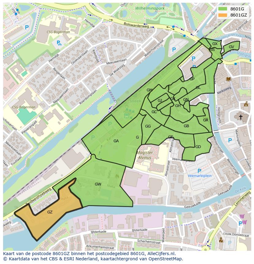Afbeelding van het postcodegebied 8601 GZ op de kaart.