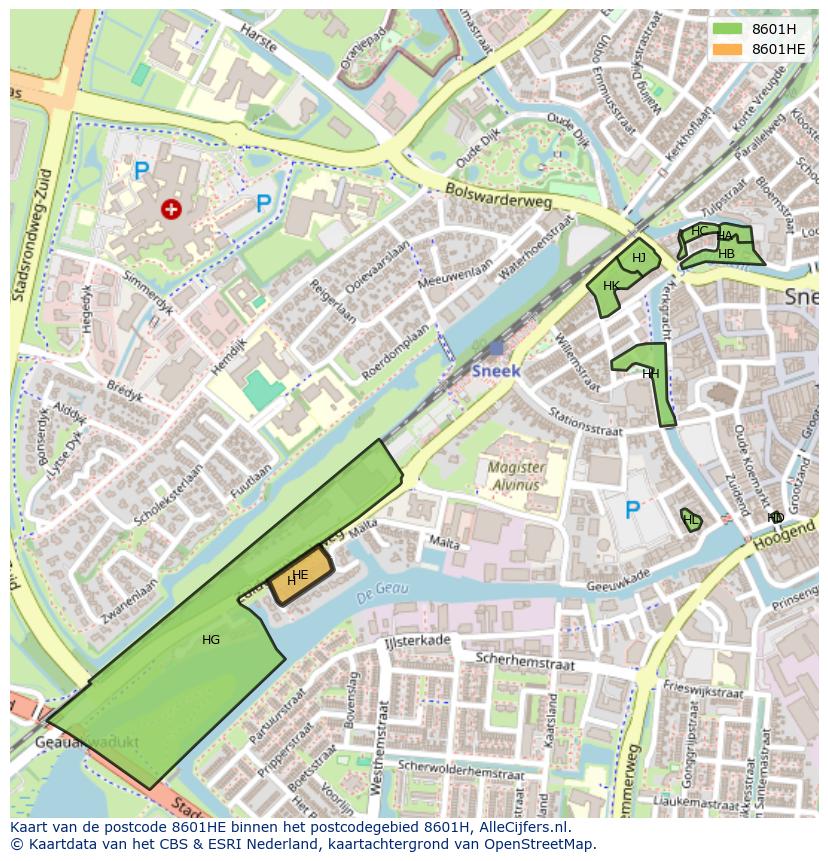 Afbeelding van het postcodegebied 8601 HE op de kaart.