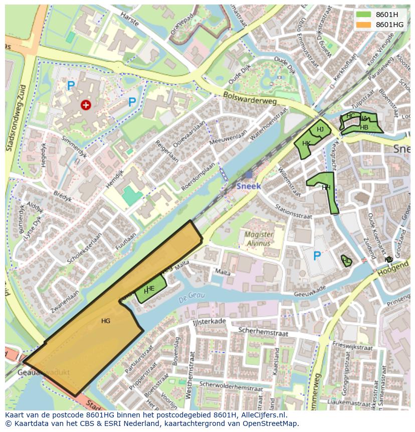 Afbeelding van het postcodegebied 8601 HG op de kaart.