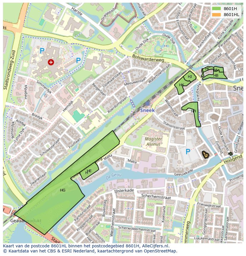 Afbeelding van het postcodegebied 8601 HL op de kaart.